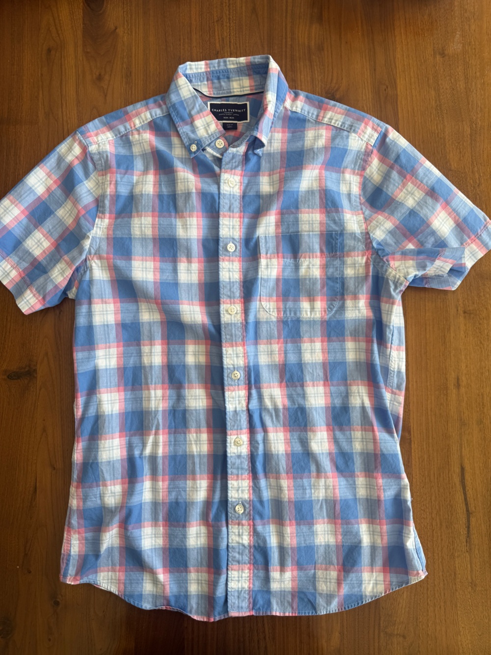 Charles Tyrwhitt Shirt Mens S Slim Fit Blue Plaid Short Sleeve Button Up